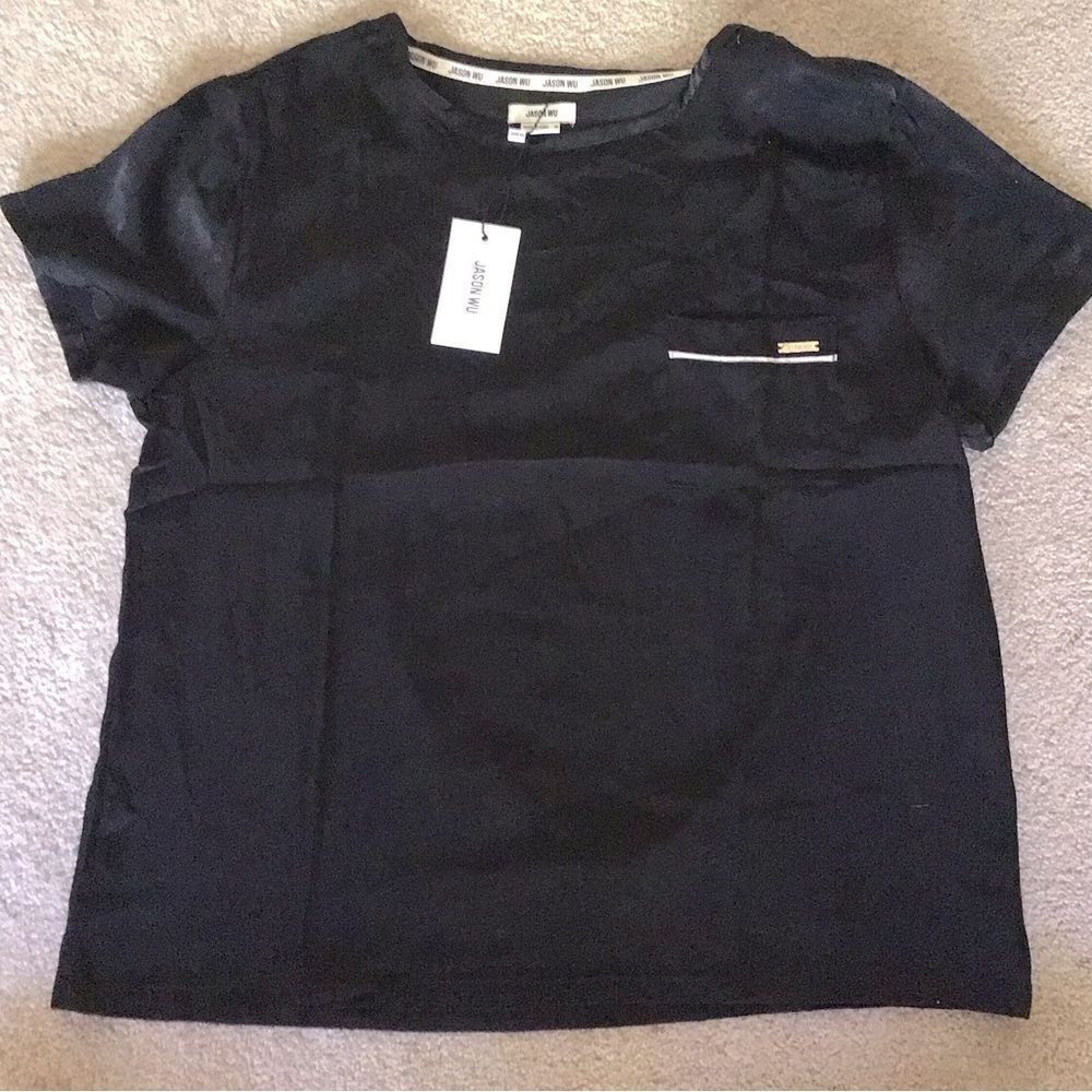 NWT Jason Wu Black Shiny Short Sleeve Top
